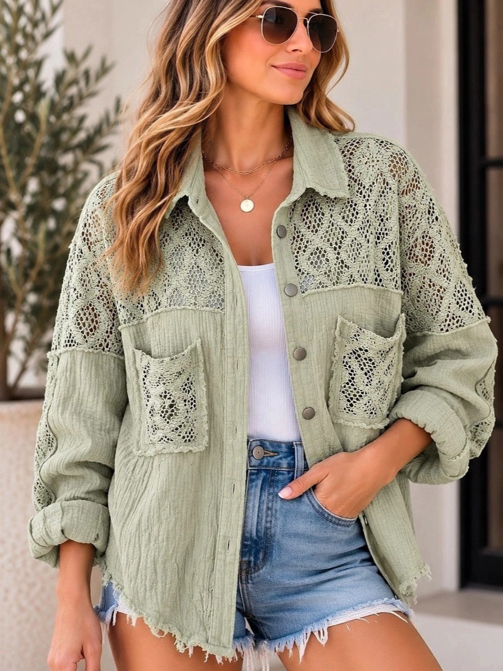 POL Green Crochet Button Up 🌼 ☀️